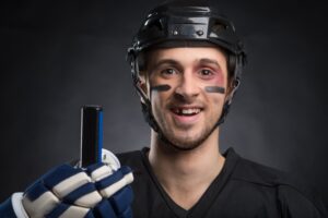 Hockey player with a missing tooth